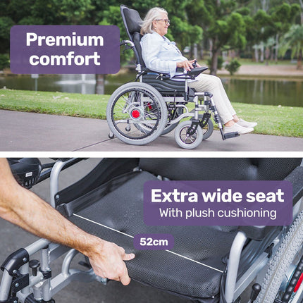 EQUIPMED Power Electric Wheelchair, XL Wide Bariatric Chair Seat, Long Range, Airline Approved, Recline Adjustment, Lithium Battery, 22" Wheels, Headrest, Black.