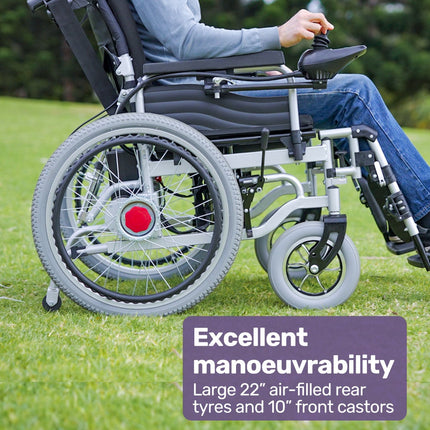 EQUIPMED Power Electric Wheelchair, XL Wide Bariatric Chair Seat, Long Range, Airline Approved, Recline Adjustment, Lithium Battery, 22" Wheels, Headrest, Black.