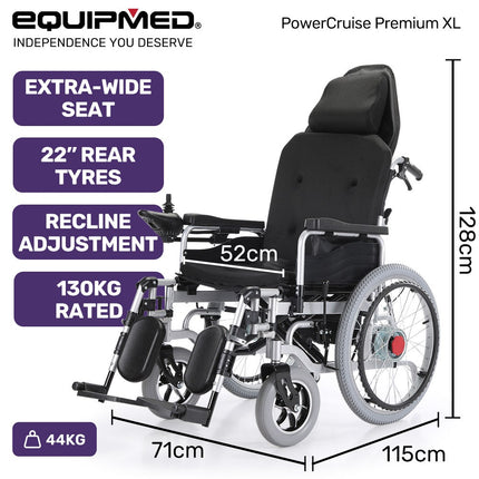 EQUIPMED Power Electric Wheelchair, XL Wide Bariatric Chair Seat, Long Range, Airline Approved, Recline Adjustment, Lithium Battery, 22" Wheels, Headrest, Black.