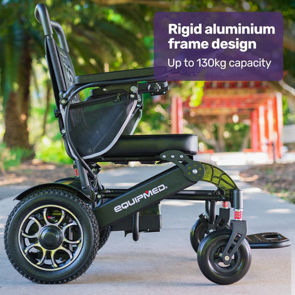 EQUIPMED Electric Folding Wheelchair, Wide Bariatric Chair Seat, Comfortable for S-XL, Long Range, Lithium Battery, Black.