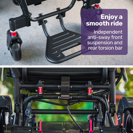 EQUIPMED Electric Folding Wheelchair, Wide Bariatric Chair Seat, Comfortable for S-XL, Long Range, Lithium Battery, Black.