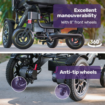 EQUIPMED Electric Folding Wheelchair, Wide Bariatric Chair Seat, Comfortable for S-XL, Long Range, Lithium Battery, Black.