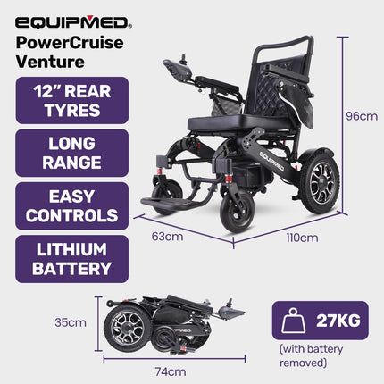 EQUIPMED Electric Folding Wheelchair, Wide Bariatric Chair Seat, Comfortable for S-XL, Long Range, Lithium Battery, Black.