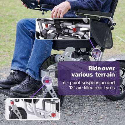 EQUIPMED Power Electric Wheelchair, Airline Approved Wheel Chair, Lightweight, Folding, Long Range, Lithium Batteries, Black & Silver.
