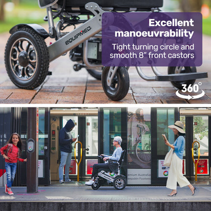 EQUIPMED Power Electric Wheelchair, Airline Approved Wheel Chair, Lightweight, Folding, Long Range, Lithium Batteries, Black & Silver.