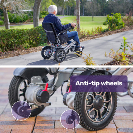 EQUIPMED Power Electric Wheelchair, Airline Approved Wheel Chair, Lightweight, Folding, Long Range, Lithium Batteries, Black & Silver.