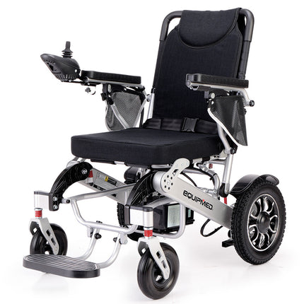 EQUIPMED Power Electric Wheelchair, Airline Approved Wheel Chair, Lightweight, Folding, Long Range, Lithium Batteries, Black & Silver.