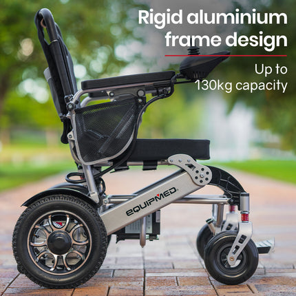 EQUIPMED Power Electric Wheelchair, Airline Approved Wheel Chair, Lightweight, Folding, Long Range, Lithium Batteries, Black & Silver.