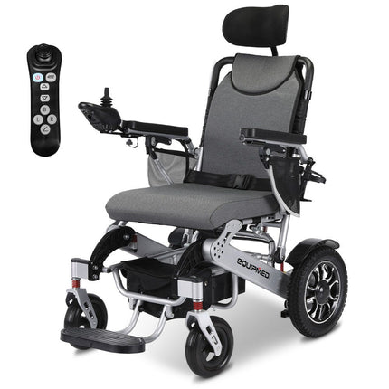 EQUIPMED Power Electric Wheelchair, Long Range, Airline Approved, Alloy, Remote Control, Lithium Battery, Black/Silver.