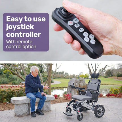 EQUIPMED Power Electric Wheelchair, Long Range, Airline Approved, Alloy, Remote Control, Lithium Battery, Black/Silver.