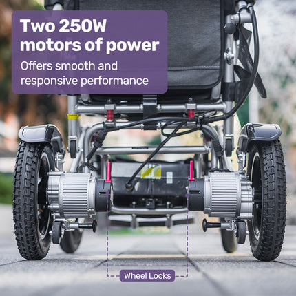 EQUIPMED Power Electric Wheelchair, Long Range, Airline Approved, Alloy, Remote Control, Lithium Battery, Black/Silver.