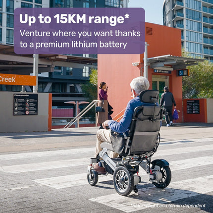 EQUIPMED Power Electric Wheelchair, Long Range, Airline Approved, Alloy, Remote Control, Lithium Battery, Black/Silver.