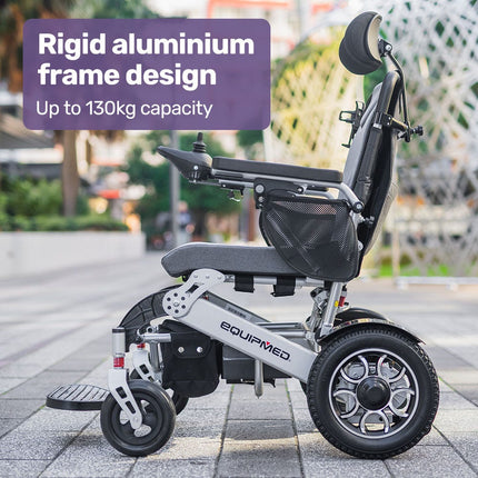 EQUIPMED Power Electric Wheelchair, Long Range, Airline Approved, Alloy, Remote Control, Lithium Battery, Black/Silver.