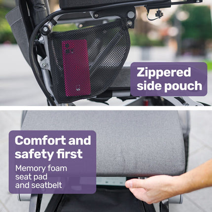 EQUIPMED Power Electric Wheelchair, Long Range, Airline Approved, Alloy, Remote Control, Lithium Battery, Black/Silver.