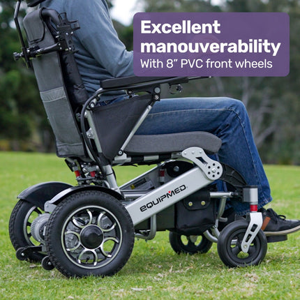 EQUIPMED Power Electric Wheelchair, Long Range, Airline Approved, Alloy, Remote Control, Lithium Battery, Black/Silver.
