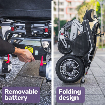 EQUIPMED Power Electric Wheelchair, Long Range, Airline Approved, Alloy, Remote Control, Lithium Battery, Black/Silver.