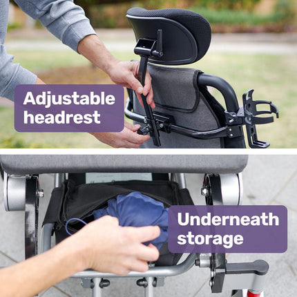 EQUIPMED Power Electric Wheelchair, Long Range, Airline Approved, Alloy, Remote Control, Lithium Battery, Black/Silver.