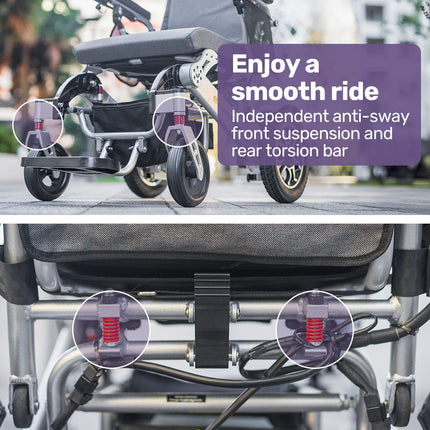 EQUIPMED Power Electric Wheelchair, Long Range, Airline Approved, Alloy, Remote Control, Lithium Battery, Black/Silver.