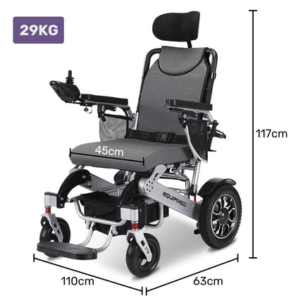 EQUIPMED Power Electric Wheelchair, Long Range, Airline Approved, Alloy, Remote Control, Lithium Battery, Black/Silver.