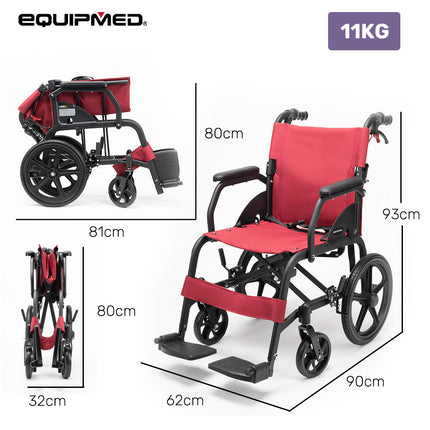 Equipmed Folding Transit Wheelchair, Lightweight Aluminium for Easy Transport, Crimson Red.
