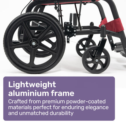 Equipmed Folding Transit Wheelchair, Lightweight Aluminium for Easy Transport, Crimson Red.