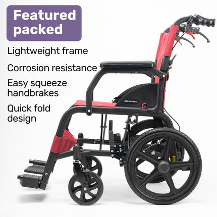 Equipmed Folding Transit Wheelchair, Lightweight Aluminium for Easy Transport, Crimson Red.