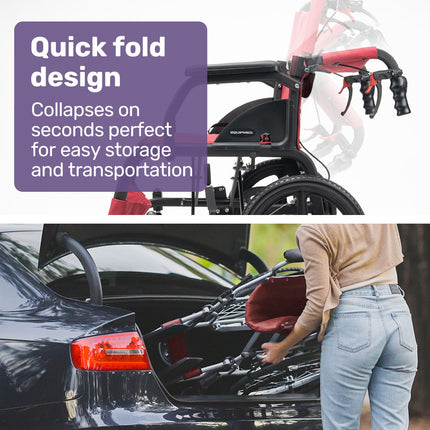 Equipmed Folding Transit Wheelchair, Lightweight Aluminium for Easy Transport, Crimson Red.