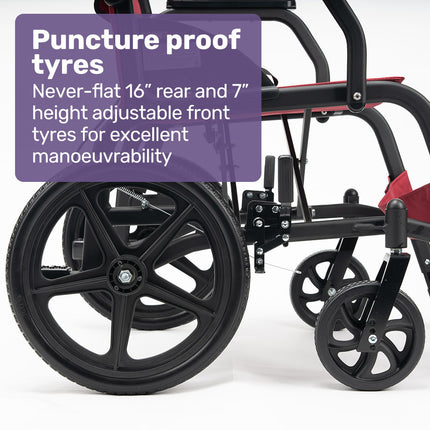 Equipmed Folding Transit Wheelchair, Lightweight Aluminium for Easy Transport, Crimson Red.