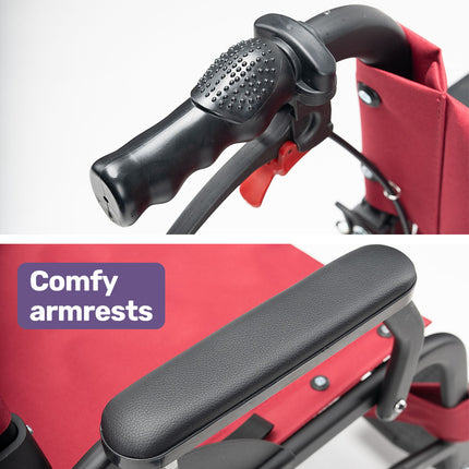 Equipmed Folding Transit Wheelchair, Lightweight Aluminium for Easy Transport, Crimson Red.