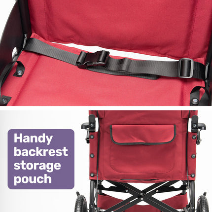 Equipmed Folding Transit Wheelchair, Lightweight Aluminium for Easy Transport, Crimson Red.