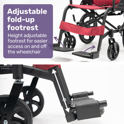 Equipmed Folding Transit Wheelchair, Lightweight Aluminium for Easy Transport, Crimson Red.