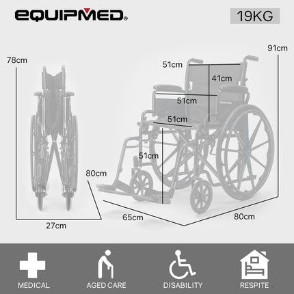Equipmed 24 Inch Folding Bariatric Wheelchair, XL Wide Design, 136kg Capacity, Park Brakes, Retractable Armrests, Dark Grey Hammertone.