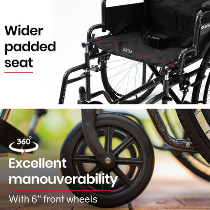 Equipmed 24 Inch Folding Bariatric Wheelchair, XL Wide Design, 136kg Capacity, Park Brakes, Retractable Armrests, Dark Grey Hammertone.