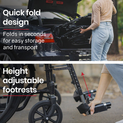 Equipmed 24 Inch Folding Bariatric Wheelchair, XL Wide Design, 136kg Capacity, Park Brakes, Retractable Armrests, Dark Grey Hammertone.