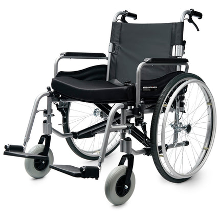EQUIPMED Extra-Wide Folding Wheelchair, Aluminium Frame, 150kg Capacity, 24 Inch Wheels, Park Brakes, Black.
