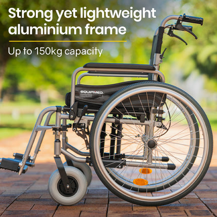 EQUIPMED Extra-Wide Folding Wheelchair, Aluminium Frame, 150kg Capacity, 24 Inch Wheels, Park Brakes, Black.