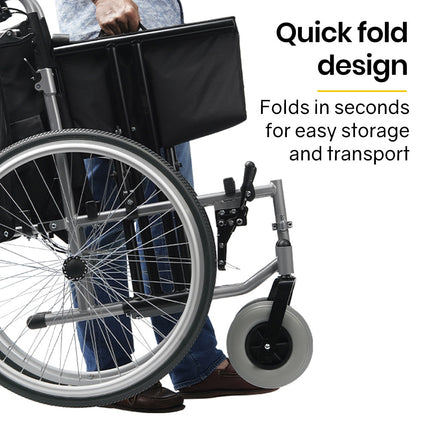 EQUIPMED Extra-Wide Folding Wheelchair, Aluminium Frame, 150kg Capacity, 24 Inch Wheels, Park Brakes, Black.