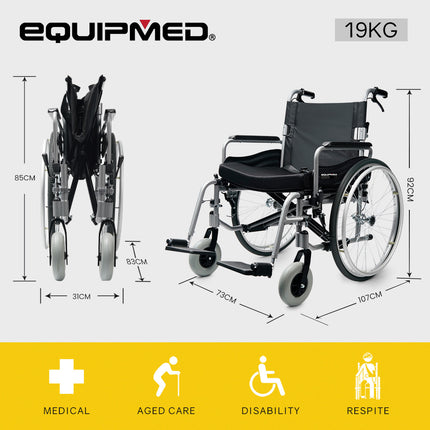 EQUIPMED Extra-Wide Folding Wheelchair, Aluminium Frame, 150kg Capacity, 24 Inch Wheels, Park Brakes, Black.