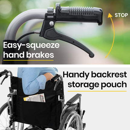 EQUIPMED Extra-Wide Folding Wheelchair, Aluminium Frame, 150kg Capacity, 24 Inch Wheels, Park Brakes, Black.
