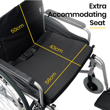 EQUIPMED Extra-Wide Folding Wheelchair, Aluminium Frame, 150kg Capacity, 24 Inch Wheels, Park Brakes, Black.
