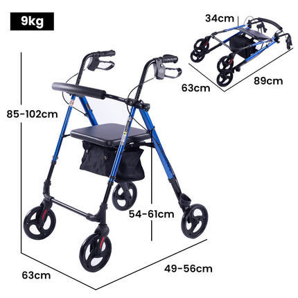 EQUIPMED 4 Wheel Lightweight Rollator Walker, Aluminium Frame, Seat, Carry Bag, for Seniors, Blue.