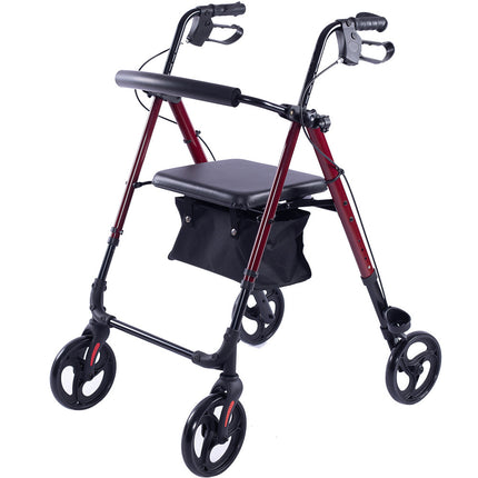 EQUIPMED 4 Wheel Lightweight Rollator Walker, Aluminium Frame, Seat, Carry Bag, for Seniors, Red.