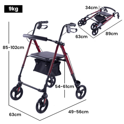 EQUIPMED 4 Wheel Lightweight Rollator Walker, Aluminium Frame, Seat, Carry Bag, for Seniors, Red.