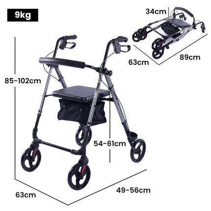EQUIPMED 4 Wheel Lightweight Rollator Walker, Aluminium Frame, Seat, Carry Bag, for Seniors, Titanium Style.