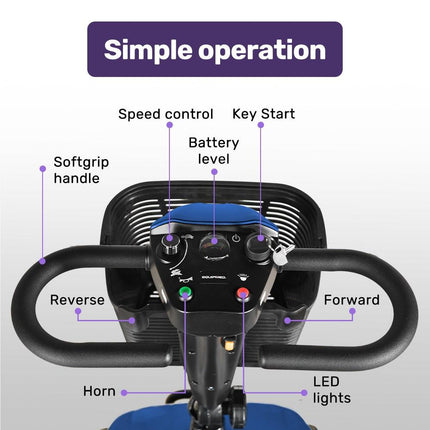 EQUIPMED FreeLite+ Mid-Sized Electric Foldable Mobility Scooter, Lithium Battery, Long Range and Easy Charging, Blue.