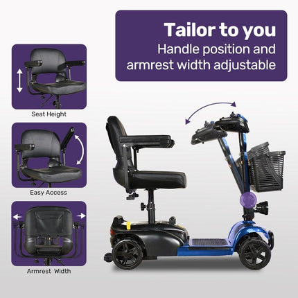 EQUIPMED FreeLite+ Mid-Sized Electric Foldable Mobility Scooter, Lithium Battery, Long Range and Easy Charging, Blue.