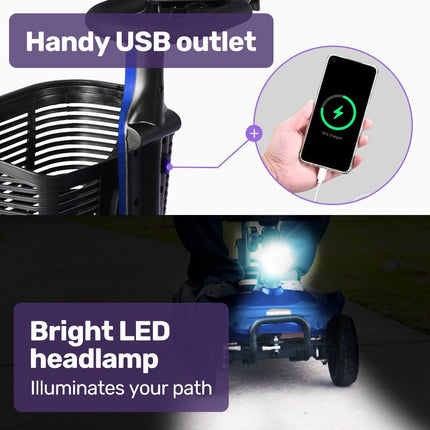 EQUIPMED FreeLite+ Mid-Sized Electric Foldable Mobility Scooter, Lithium Battery, Long Range and Easy Charging, Blue.