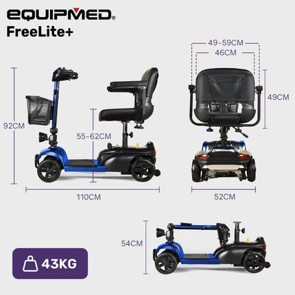 EQUIPMED FreeLite+ Mid-Sized Electric Foldable Mobility Scooter, Lithium Battery, Long Range and Easy Charging, Blue.
