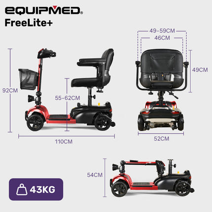 EQUIPMED FreeLite+ Mid-Sized Foldable Electric Mobility Scooter, Lithium Battery, Long Range and Easy Charging, Red.