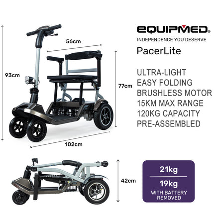 EQUIPMED Ultra-Lightweight Folding Electric Mobility Scooter, 19kg with Battery Removed, 120kg Capacity, Long Range, Brushless Motor, Portable.